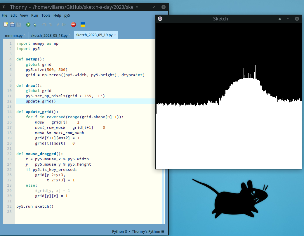 code and a black window with white pixels accumulated in the lower part a bit like an histogram or a landscape with a mountain and some spikes (towers?) on top