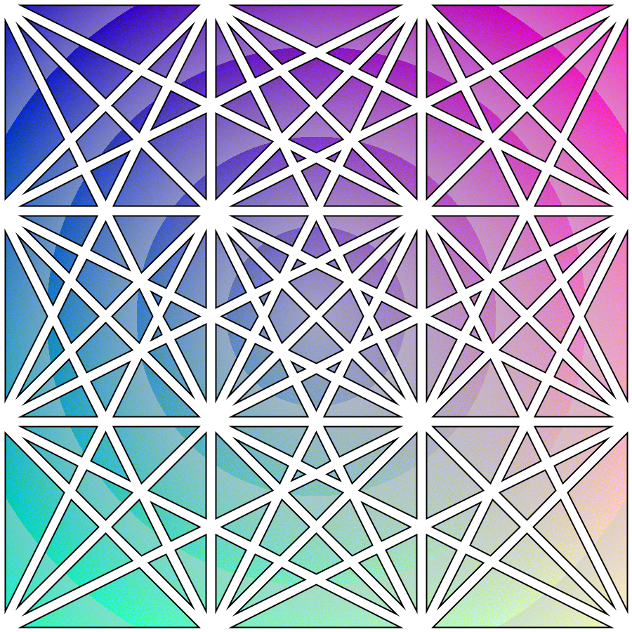 Inumerous fused white bars connecting 16 points on a grid form a mask, the holes show an earlier numpy skerch of concentric colored circles.  from itertools import combinations, product from shapely import Point, LineString, Polygon from shapely import MultiPoint, MultiLineString, MultiPolygon import shapely import numpy as np  grid = [] margin = 0 step = 300  def setup():  global paths, union, mp  size(900, 900)  w, h = width, height  pts = list(product(range(margin, w + 1, step), repeat=2))  combos = combinations(pts, 2)  pairs = [((a, b), (c, d)) for ((a, b), (c, d)) in combos     if dist(a, b, c, d) < step * 3]  3print(pairs)  paths = [LineString(combo).buffer(7) for combo in pairs]  union = shapely.unary_union(paths)    R = np.linspace(0, 255, w).reshape(1, -1)  G = np.linspace(0, 255, h).reshape(-1, 1)  B = np.random.uniform(128, 255, (h, w))  A = np.array([[128 + dist(w /2, h / 2, x, y) % 128        for x in range(w)]        for y in range(h)])  rgba = np.dstack(np.broadcast_arrays(R, G, B, A))  img = create_image_from_numpy(rgba, 'RGBA');   image(img, 0, 0)  fill(255)  stroke_weight(2)  draw_shapely(union)  save('out.png')  def draw_shapely(shp):  if isinstance(shp, MultiPolygon):   for p in shp.geoms:    draw_shp(p)  elif isinstance(shp, Polygon):   begin_shape()   for x, y in shp.exterior.coords:    vertex(x, y)   for hole in shp.interiors:    begin_contour()    for x, y in hole.coords:     vertex(x, y)    end_contour()   end_shape(CLOSE)