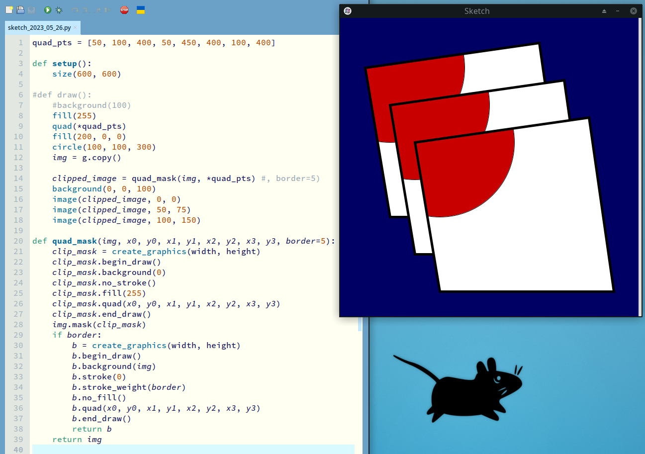 code and result  3 trapezoid forms with a red arc in the top lesft corner, overlapping, on a blue background.