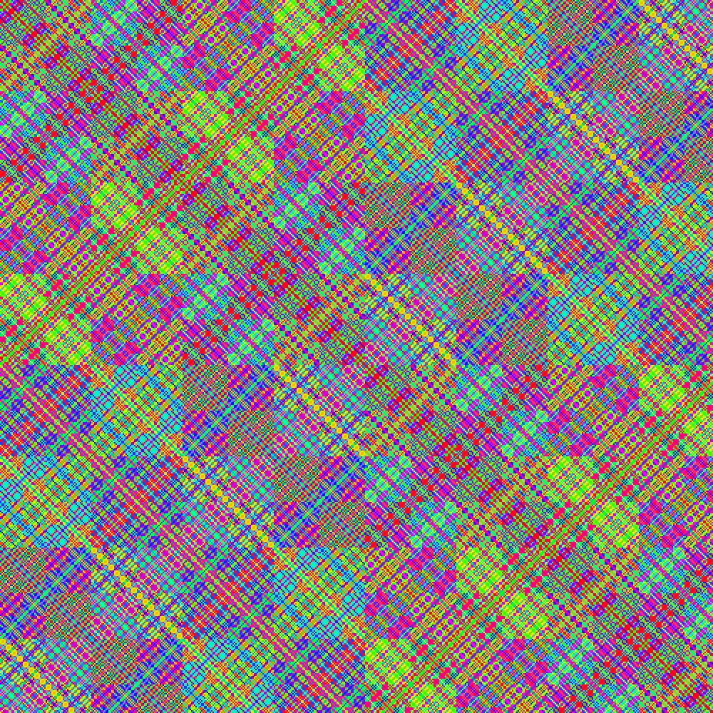 A colorful symmetric pattern of pixels generated by the code in the toot. Reminds me of a Persian rug, but the colors are more saturated. One can see echoes of squares and diagonals.