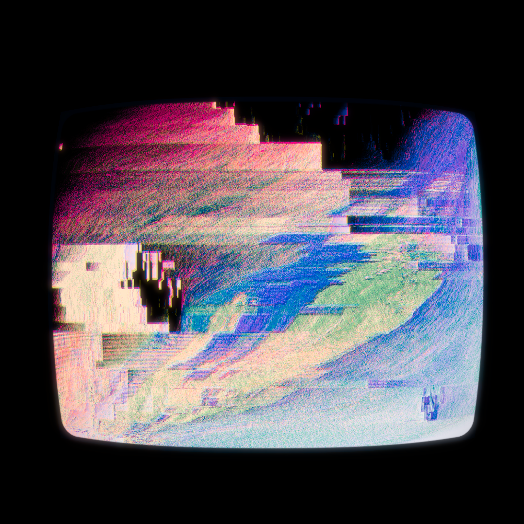 Imagem abstrata distorcida contida numa moldura relembrando uma TV de tecnologia CRT.