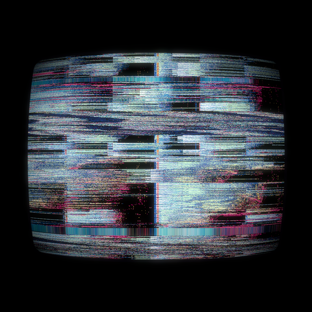 Imagem com padrões distorcidos contidos numa moldura relembrando uma TV de tecnologia CRT.
