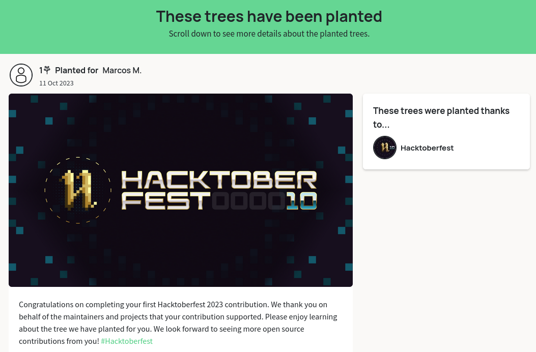 screenshot showing that 1 tree was planted for Marcos M., thanks to Hacktoberfest.