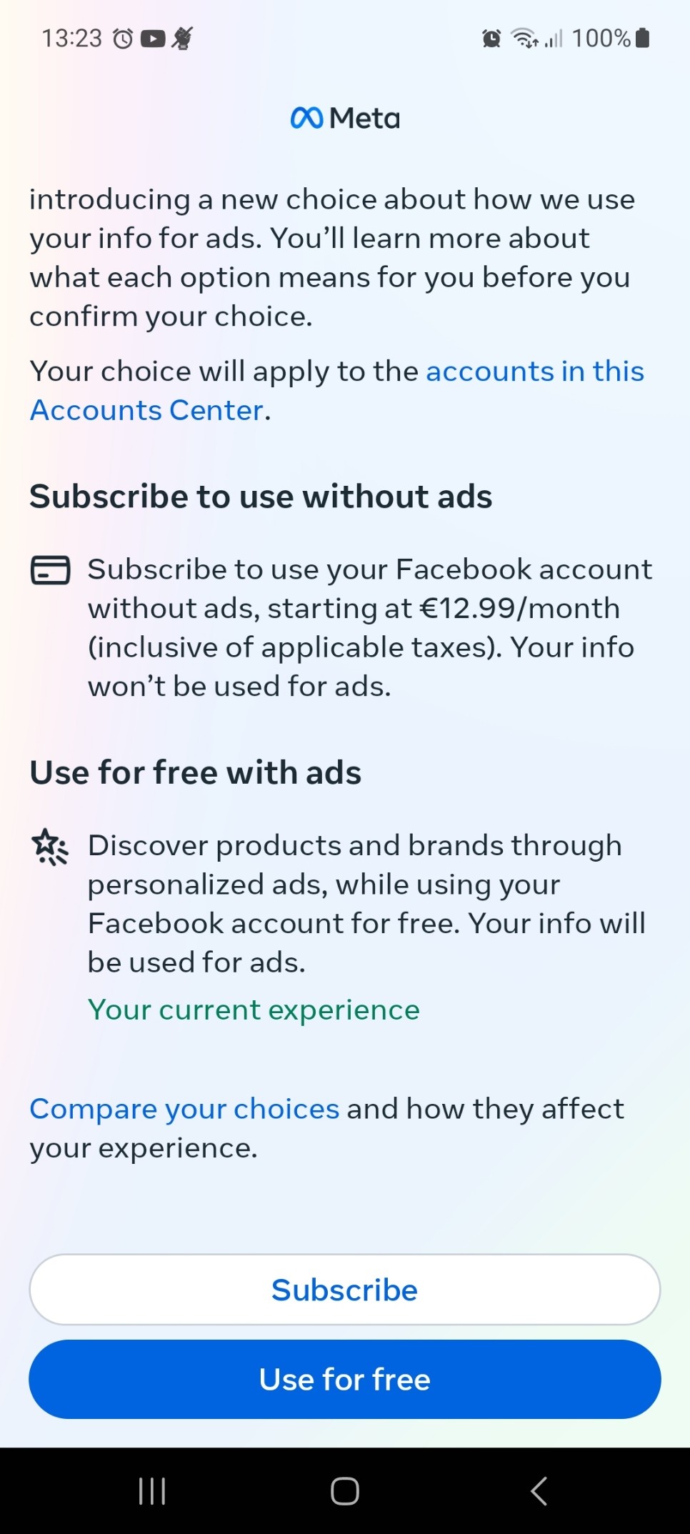 Fb's app screenshot, showing that you won't go anywhere before deciding to pay with money or data for ads, now.