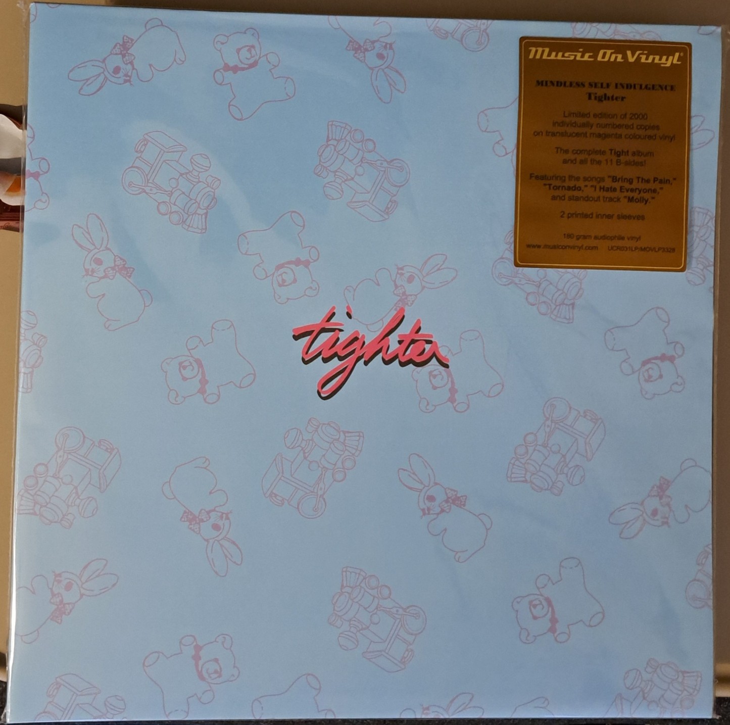 A picture of Mindless Self Indulgence's "Music On Vinyl" edition of "tighter", the ultimate edition of the '99 album "tight" and all ita B-sided in a 2LP.