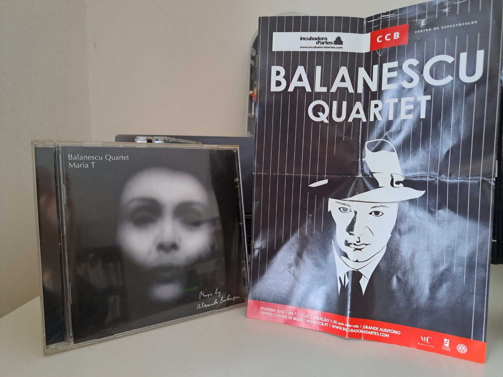 "Maria T" by Balanescu Quartet, next to a flyer to the quartet's 2008 concert in Lisbon