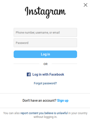 Instagram's login popup showing that either you have an account or you cannot see what's in there.