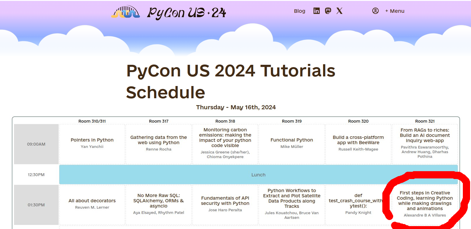 Screenshot of https://us.pycon.org/2024/schedule/tutorials/ highlighting my tutorial