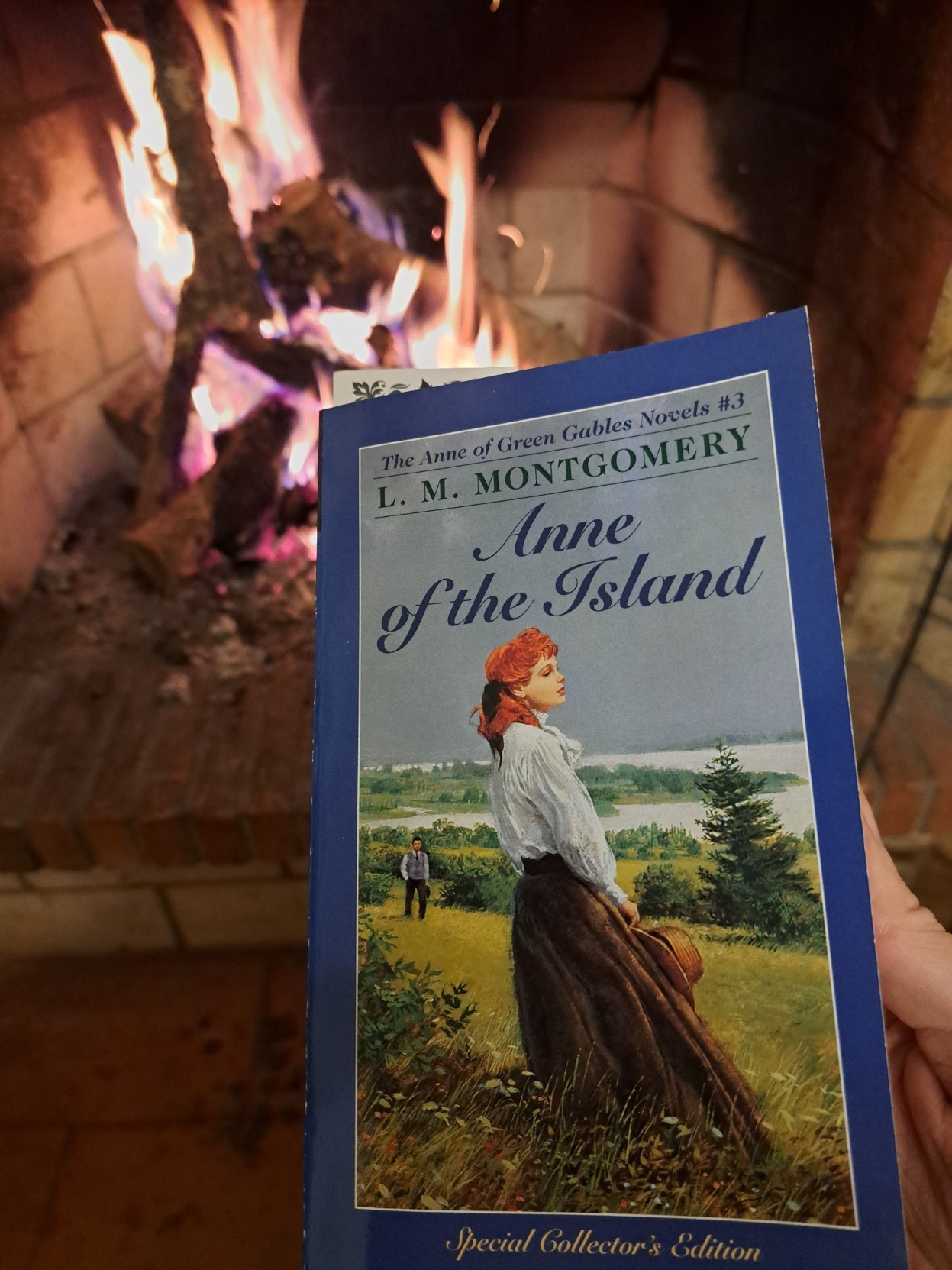 A picture of "Anne of the Island" (special collector's edition book), in front of a lightfire