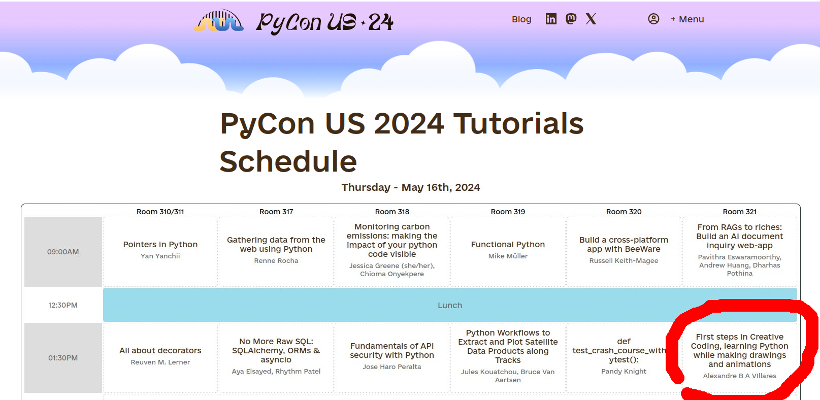 Edited screenshot of the PyCon US 2024 tutorials schedule circling my tutorial (check link on toot)