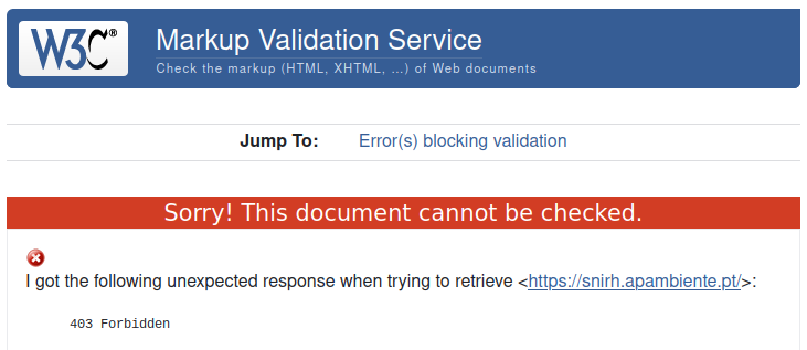 Captura de ecrã a mostrar o validador da W3C a dizer que não consegue fazer pedidos ao site da APA porque leva com um erro 403 (Proibido).