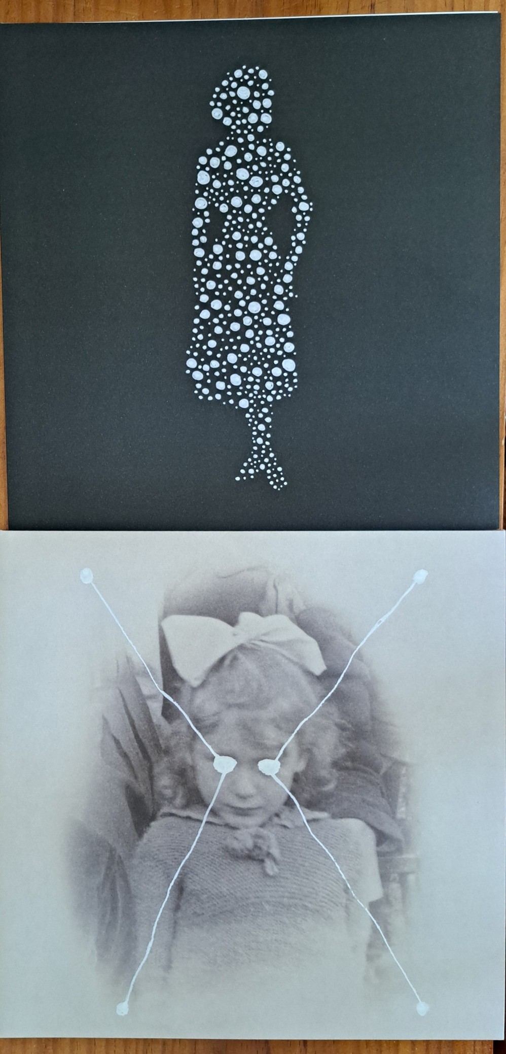 Current 93 - The Light Is Leaving As Wall (LP)  Above: the inner booklet, black background to white balls of light on different sizes, forming a woman&rsquo;s silhouette   Bellow: the record cover, a black and white picture of a girl, light balls shooting out of her eyes