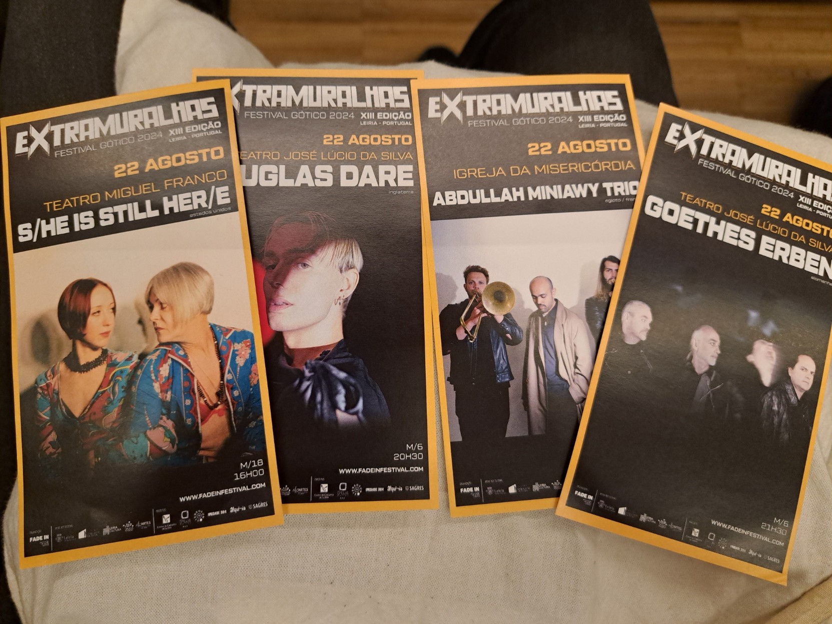 The ticket flyers for each of the paid events: S/HE IS STILL HER/E, Abdullah Miniawi Trio, Douglas Dare and Goethes Erben